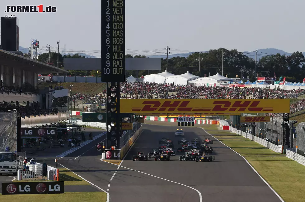 Der Grand Prix von Japan findet am 13. Oktober 2013 als 15. Rennen der Saison statt. Sebastian Vettel reist mit 77 Punkten Vorsprung zu Fernando Alonso an und kann den Sack schon in Suzuka zu machen, wenn der Spanier höchstens neunter wird. Erstmals startet Vettel das Rennen aber nicht von ganz vorne. Auf der Pole-Position steht Teamkollege Mark Webber. Lewis Hamilton startet als Dritter. Foto zur News: Der Grand Prix von Japan findet am 13. Oktober 2013 als 15. Rennen der Saison statt. Sebastian Vettel reist mit 77 Punkten Vorsprung zu Fernando Alonso an und kann den Sack schon in Suzuka zu machen, wenn der Spanier höchstens neunter wird. Erstmals startet Vettel das Rennen aber nicht von ganz vorne. Auf der Pole-Position steht Teamkollege Mark Webber. Lewis Hamilton startet als Dritter.