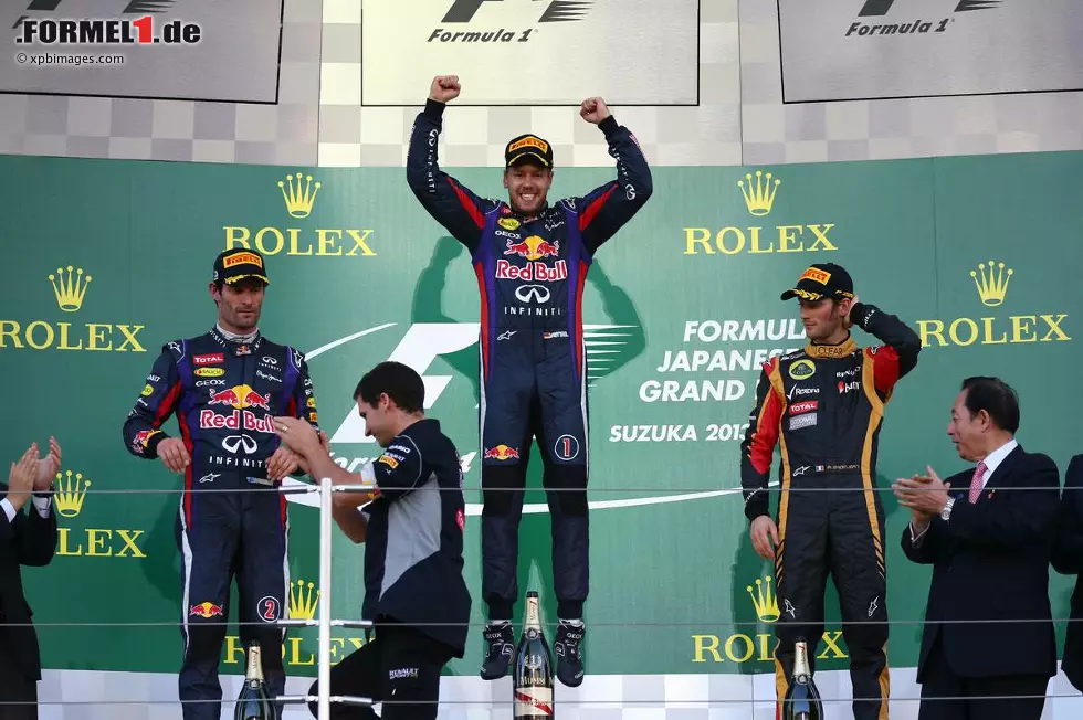 Und während Vettel feiert fragt sich Webber, ob er es mit einer Zweistoppstrategie vielleicht aufs Siegertreppchen geschafft hätte, und auch Grosjean hätte aus seinen zahlreichen Führungskilometern gerne seinen ersten Sieg gemacht. Foto zur News: Und während Vettel feiert fragt sich Webber, ob er es mit einer Zweistoppstrategie vielleicht aufs Siegertreppchen geschafft hätte, und auch Grosjean hätte aus seinen zahlreichen Führungskilometern gerne seinen ersten Sieg gemacht.
