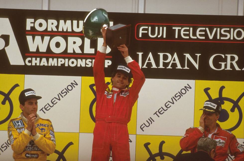 Foto zur News: Sechs Wochen nach der Estoril-Enttäuschung lässt sich Berger von nichts und niemandem aufhalten: Beim Formel-1-Debüt in Suzuka fährt er seinen ersten Ferrari-Sieg ein. Zweiter: Ayrton Senna (Lotus), Dritter Stefan Johansson (McLaren). Doch Berger hat noch nicht genug.
