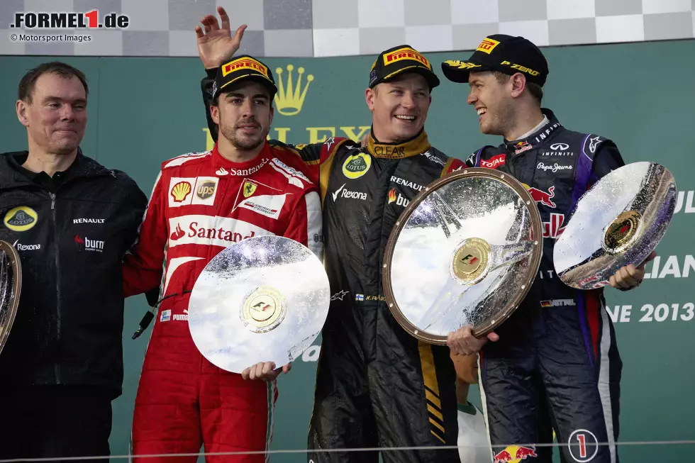 2013 beginnt der Finne die Saison gleich mit einem Sieg in Melbourne. Nach sieben weiteren Podien wird klar, dass ihn Lotus aufgrund finanzieller Schwierigkeiten nicht bezahlen kann. Räikkönen reicht es, Heikki Kovalainen übernimmt in Austin. Foto zur News: 2013 beginnt der Finne die Saison gleich mit einem Sieg in Melbourne. Nach sieben weiteren Podien wird klar, dass ihn Lotus aufgrund finanzieller Schwierigkeiten nicht bezahlen kann. Räikkönen reicht es, Heikki Kovalainen übernimmt in Austin.