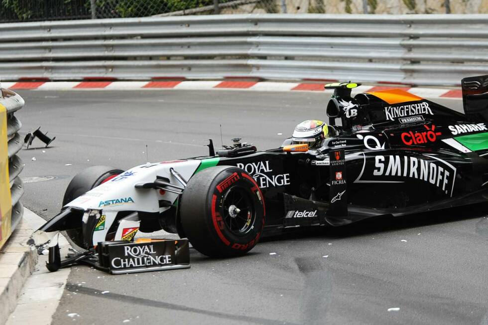 Foto zur News: &quot;Selbst schuld&quot;, sagt Experte Marc Surer: Das Rennen von Force-India-Pilot Sergio Perez, im Qualifying wieder schneller gewesen als Nico Hülkenberg, geht nach einer Berührung mit Jenson Button (McLaren) bei Mirabeau schon in der ersten Runde zu Ende.