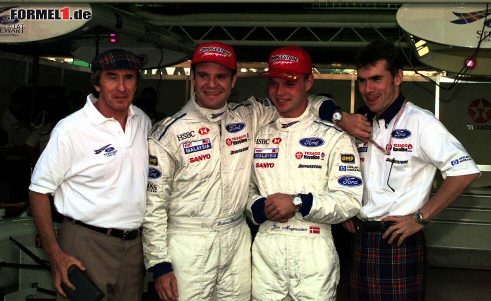 Foto zur News: 1997: Ende der 90er Jahre bringt Ex-Weltmeister Jackie Stewart sein eigenes Formel-1-Team und damit auch den Standort Milton Keynes auf die Landkarte. Mit dem typisch schottischen Muster auf dem Auto sind die Boliden ein Unikat im Zirkus. Doch der Bolide, den Rubens Barrichello und Jan Magnussen bewegen, ist ein Muster an Unzuverlässigkeit. Doch bei einem von nur acht Zielankünften des Teams fährt Barrichello in Monaco auf Rang zwei.