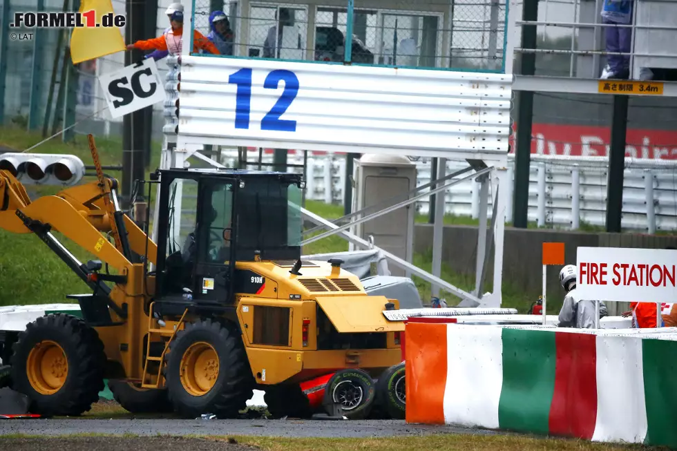 2014 kommt es zur Tragödie: Weil er mutmaßlich trotz gelber Flaggen nicht vom Gas geht, knallt Jules Bianchi in eine Unfallstelle, wo gerade ein Radlader arbeitet. Der Marussia-Pilot gerät mit dem Helm unter das tonnenschwere Fahrzeug und zieht sich fatale Kopfverletzungen zu. Foto zur News: 2014 kommt es zur Tragödie: Weil er mutmaßlich trotz gelber Flaggen nicht vom Gas geht, knallt Jules Bianchi in eine Unfallstelle, wo gerade ein Radlader arbeitet. Der Marussia-Pilot gerät mit dem Helm unter das tonnenschwere Fahrzeug und zieht sich fatale Kopfverletzungen zu.