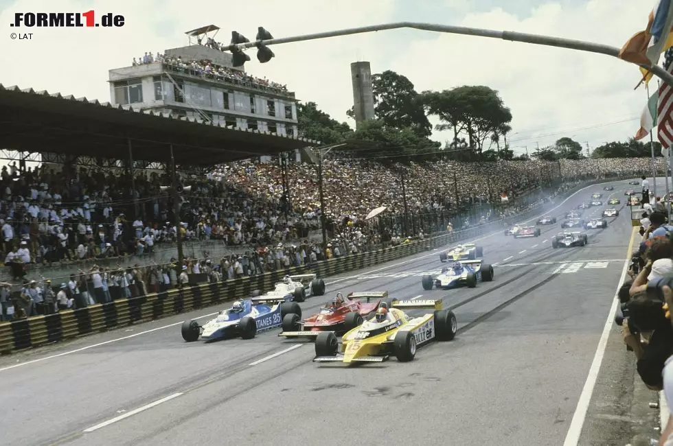 Zu dieser Zeit, in den 1980er-Jahren (das Foto zeigt den Start zum Großen Preis von Brasilien 1981), bestand das Formel-1-Starterfeld übrigens sowohl aus Autos mit herkömmlichen Saugmotoren als auch aus Fahrzeugen mit den damals neuen Turbomotoren. Erst 1986 fuhr das ganze Feld mit Turbomotoren. Foto zur News: Zu dieser Zeit, in den 1980er-Jahren (das Foto zeigt den Start zum Großen Preis von Brasilien 1981), bestand das Formel-1-Starterfeld übrigens sowohl aus Autos mit herkömmlichen Saugmotoren als auch aus Fahrzeugen mit den damals neuen Turbomotoren. Erst 1986 fuhr das ganze Feld mit Turbomotoren.