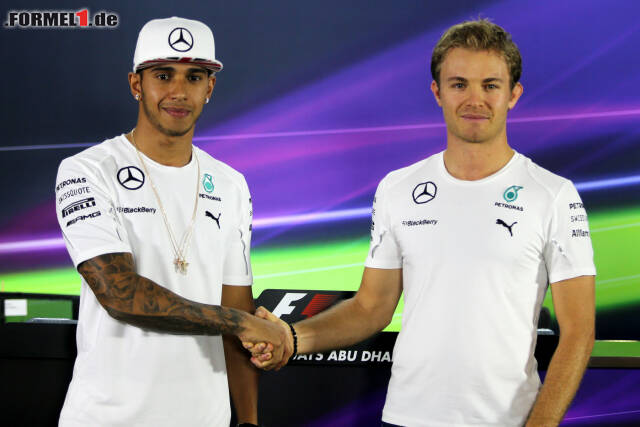 Foto zur News: Abu Dhabi 2014: Zum ersten Mal in der Geschichte der Formel 1 werden beim Finale doppelte WM-Punkte vergeben. Lewis Hamilton (li.) hat 17 Zähler Vorsprung auf seinen Mercedes-Teamkollegen Nico Rosberg (re.).