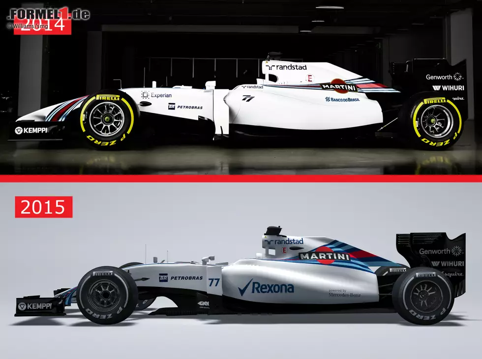 Seitenansicht: das von Flügelchen befreite Heck kennen wir schon seit der Formel 1 2009, in Kombination mit der tiefen Nase erinnert der neue Williams FW37 in der Seitenansicht nun etwas an die Formel-1-Autos der frühen 1990er Jahre. Foto zur News: Seitenansicht: das von Flügelchen befreite Heck kennen wir schon seit der Formel 1 2009, in Kombination mit der tiefen Nase erinnert der neue Williams FW37 in der Seitenansicht nun etwas an die Formel-1-Autos der frühen 1990er Jahre.