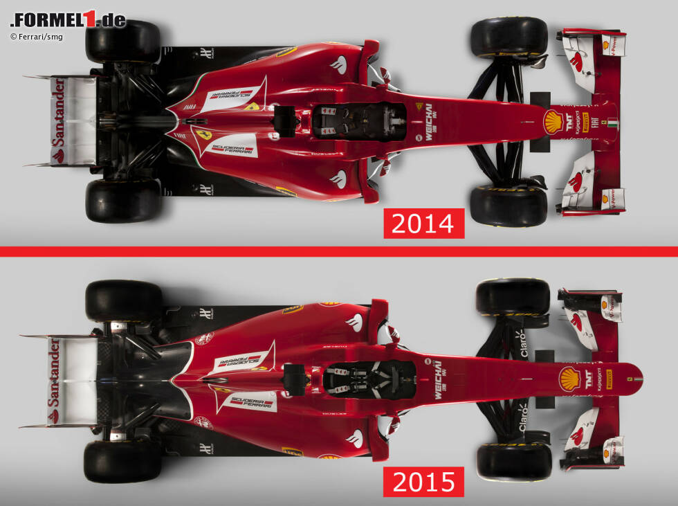 Foto zur News: Obligatorisch sind natürlich neue Front- und Heckflügel (die in den nächsten Wochen sicher noch ausgetauscht werden), aber insgesamt kann man von einer Evolution des Vorjahreswagens F14 T sprechen.
