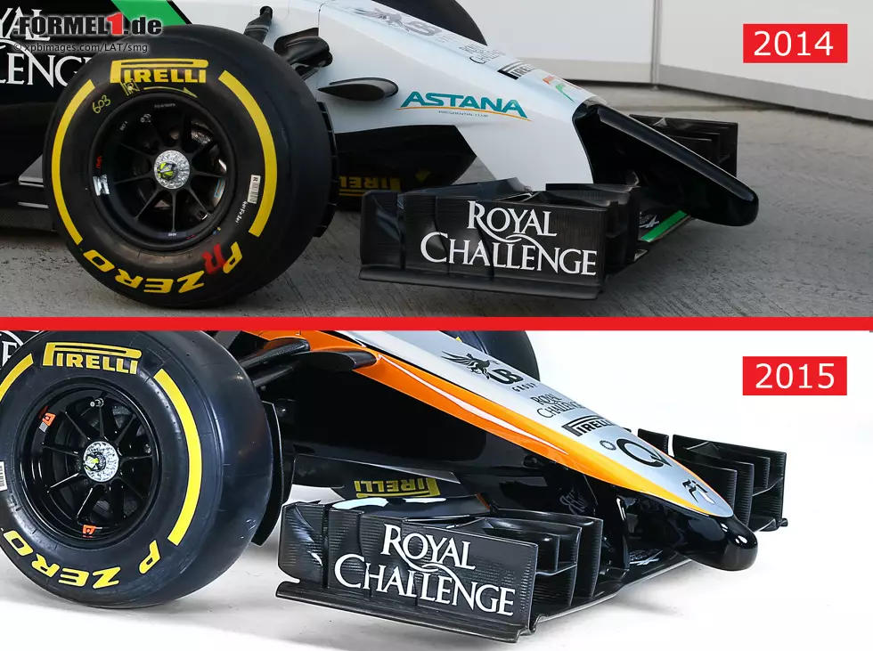 Foto zur News: Auch bei Force India werden die Reglementänderungen zur Saison 2015 offensichtlich. Der Finger des Vorjahresautos ist Geschichte, die Front des Autos wirkt stimmiger, auch wenn hier der auffällige Knubbel noch eine Rolle spielt.