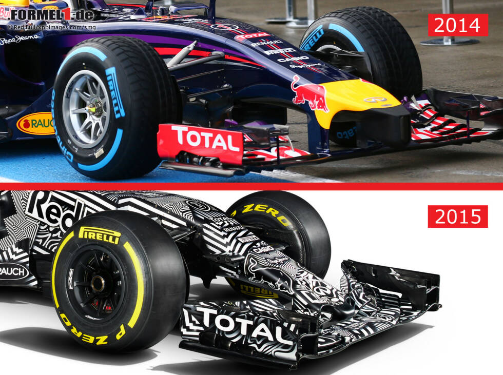Auch Red Bull setzt auf eine kurze Variante, hat im Gegensatz zur silbernen Konkurrenz allerdings noch einen kleinen Knubbel an der Front, mit dem man den Crashtest bestanden hatte, nachdem man beim ersten Mal durchgefallen war. Auch dieser soll bis zum Saisonauftakt noch verschwinden. Dann sollte das Auto auch wieder normal lackiert sein und kein Täuschungsmuster mehr tragen. Auch Red Bull setzt auf eine kurze Variante, hat im Gegensatz zur silbernen Konkurrenz allerdings noch einen kleinen Knubbel an der Front, mit dem man den Crashtest bestanden hatte, nachdem man beim ersten Mal durchgefallen war. Auch dieser soll bis zum Saisonauftakt noch verschwinden. Dann sollte das Auto auch wieder normal lackiert sein und kein Täuschungsmuster mehr tragen.