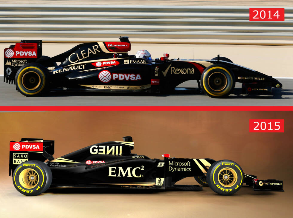 Foto zur News: In der Seitenansicht gibt es markante Unterschiede zwischen dem Lotus E22 von 2014 und dem E23 von 2015. Die Motorenabdeckung verliert ihre Finne, die Endplatten des Heckflügels wurden in ihrer Form ebenfalls optimiert.