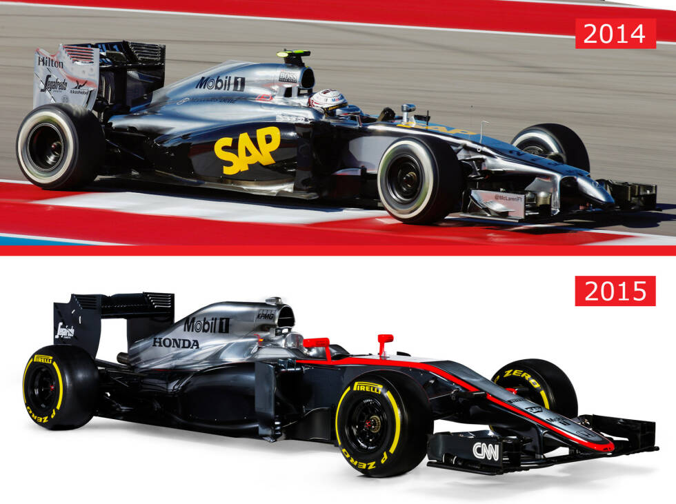 Foto zur News: Neben den technischen Neuerungen ist es aber vor allem die Lackierung, die auffällt: McLaren bleibt beim schwarz-silbernen Grundschema der vergangenen Jahre, ergänzt aber noch ein paar Elemente in Rot.