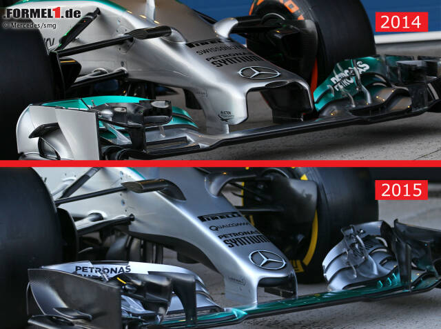 Foto zur News: Bestes Unterscheidungsmerkmal zwischen dem neuen und dem alten Silberpfeil ist zweifellos die Nase. Für die Formel-1-Saison 2015 wurde sie insgesamt schmäler und läuft jetzt vorne spitzer zu.