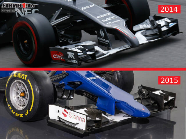 Foto zur News: Imposanter Zinken: Bis auf die Farbgebung bleibt sich Sauber 2015 treu, setzt wie beim C33 der Formel-1-Saison 2014 auch beim C34 auf eine stark ausgeprägte Nasenpartie.