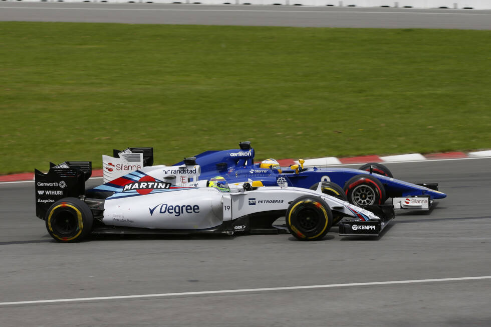 Foto zur News: Neben Vettel startet auch Felipe Massa (Williams), im Qualifying wegen eines Turboschadens weit abgeschlagen, seine Aufholjagd. Besonders spektakulär das Duell gegen Marcus Ericsson um Platz elf in der neunten Runde, bei dem der Sauber-Youngster beherzt dagegen hält.
