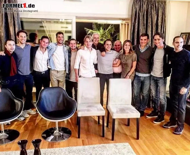 Foto zur News: Über 100 Grands Prix kann Felipe Massa nur milde lächeln: Er hat schon 232 Formel-1-Rennen auf dem Buckel - und seit vergangenem Montag 35 Jahre. Zur Party kamen Motorsport-Promis wie Nicolas Todt, Bruno Senna, Daniel Ricciardo, Esteban Gutierrez oder Pastor Maldonado. Der übrigens bald wieder einen Job in der Formel 1 bekommen soll.