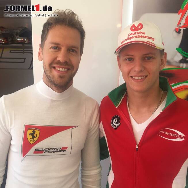 Foto zur News: Beim Namen Schumacher gehen selbst im Formel-1-Paddock alle Türen auf. Hier im Plausch mit Sebastian Vettel. Der hat einst Michael bewundert und ihn Jahre später auf der Strecke geschlagen. Ob Mick diese Rechnung irgendwann begleichen kann?