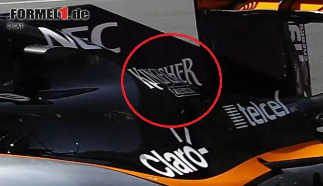 Foto zur News: Dass Force India in Baku so stark ist, hat einen Grund: Ähnlich wie Mercedes ist der Wasserkühler für das ERS oberhalb des Getriebes montiert. Dieser Kühler ist nun größer, um die Kühlung zu verbessern. Sichtbar ist das an einer Wölbung beim Kingfisher-Logo der Motorabdeckung.