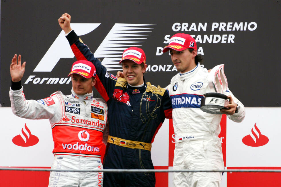 Foto zur News: Sebastian Vettel war in Monza 2008 der jüngste Formel-1-Sieger aller Zeiten - ein Rekord, der inzwischen von Max Verstappen unterboten wurde. Mit einem Durchschnittsalter von 23 Jahren und 350 Tagen ist Monza 2008 aber immer noch das jüngste Podium aller Zeiten (Vettel-Kovalainen-Kubica).