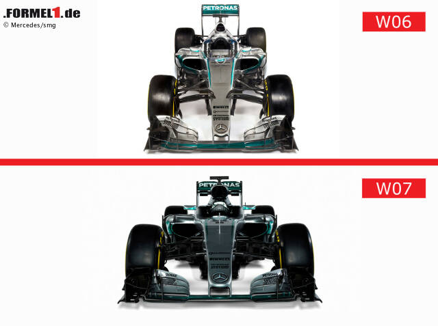 Foto zur News: Wir zeigen die 2015er und die 2016er Modelle der Formel-1-Teams im direkten Foto-Vergleich und beginnen mit den Weltmeistern. Mercedes hat mit dem neuen Silberpfeil W07 gegenüber dem W06 kleine Verbesserungen verpasst. Auffällig: Der Lufteinlass der Airbox ist bulliger.