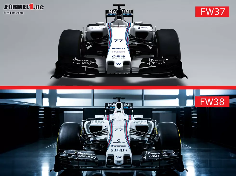 Foto zur News: Der Williams FW37 im Vergleich mit seinem Nachfolger FW38: Die Lackierung und die kurze Nase wurden übernommen. Die Seitenkästen sind optisch die auffälligste Veränderung. Im vorderen Bereich gehören höhere und breitere Inlets zu den Veränderungen.