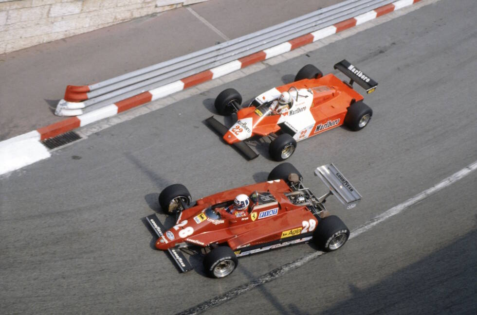 Foto zur News: Monaco-Grand-Prix 1982: Dreifaches Pech in der letzten Runde. Im Regen geht Didier Pironi auf Platz eins im Ferrari der Sprit aus. Andrea de Cesaris im Alfa Romeo rückt auf, doch dann ist auch sein Tank leer und er bleibt stehen ...