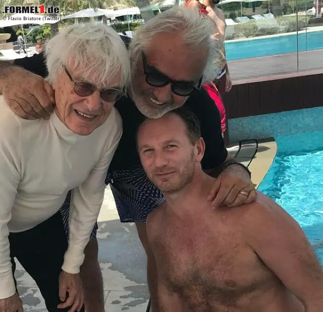 Foto zur News: Unter dem Hashtag "Zeit für Freunde" postet Flavio Briatore von Bahrain aus dieses Foto, das ihn mit Bernie Ecclestone und Christian Horner zeigt. Was viele nicht wissen: Briatore hat kürzlich Ecclestones Abschiedsparty geschmissen, und Horner war bei der Hochzeit des entmachteten Formel-1-Chefs mit Fabiana Trauzeuge.