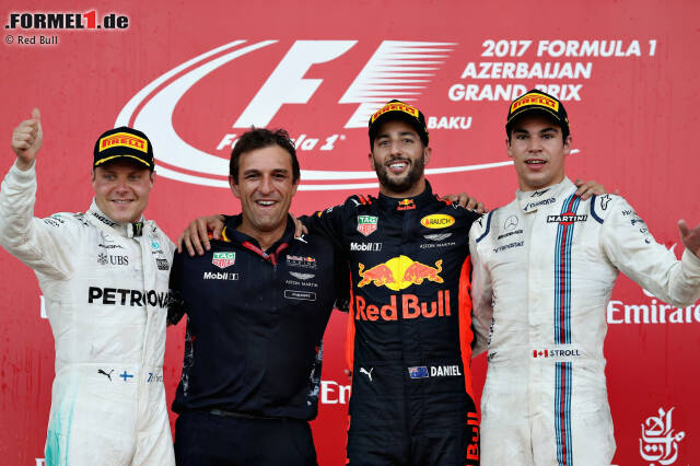 Foto zur News: Verrückter geht's nicht: Daniel Ricciardo (P17 nach Bremsen-Reparaturstopp) gewinnt in Baku vor Valtteri Bottas (nach Kollision mit Kimi Räikkönen schon überrundet) und Lance Stroll (laut Jacques Villeneuve schlechtester Rookie aller Zeiten)! Der Grand Prix von Aserbaidschan 2017 ist der Formel-1-Kracher des Jahres. Jetzt durchklicken!