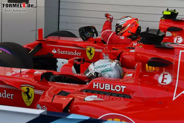 Foto zur News: Schließlich ist Sotschi für Ferrari ein gutes Pflaster. Nach bis dahin dominanten Trainingsleistungen sichert sich die Scuderia ihre erste Doppel-Pole seit Magny-Cours 2008 (Kimi Räikkönen und Felipe Massa). Dass es Vettel macht und nicht Räikkönen, entscheidet sich durch einen Fehler des "Iceman" in der letzten Kurve.