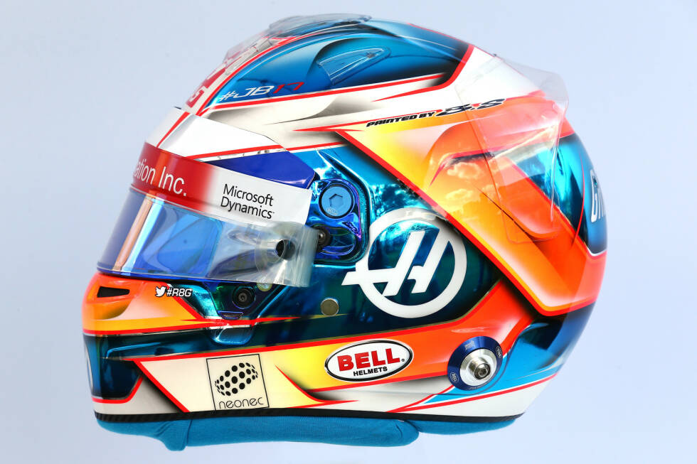 Foto zur News: Romain Grosjean (#8, Haas): Verspieltes Design beim Franzosen. Kontrast zum Fitnesswahn in der Formel 1: Am Hinterkopf prankt Burger-Werbung.