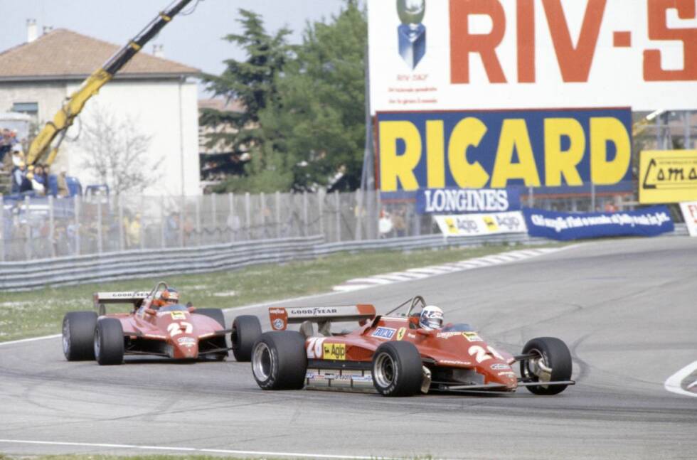 Foto zur News: #7: Didier Pironi, Italien 1982: Ferrari dominiert das Rennen. Von der Box gibt es die Anweisung, Sprit zu sparen. Pironis führender Teamkollege Gilles Villeneuve geht vom Gas und glaubt, sein attackierender Rivale wolle eine Show bieten. Doch der Franzose reitet ein Gewaltmanöver in der letzten Runde - und &quot;klaut&quot; ihm den Sieg.
