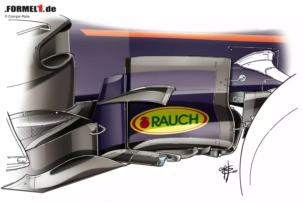 Foto zur News: In Silverstone sahen die Barge-Boards schon wesentlich komplexer aus. Dieses Design stellte die Basis für den Weiterentwicklungs-Prozess dar, der zum aktuellen Design Stand 2018 geführt hat. Ziel des Designs: Die Verwirbelungen der Vorderräder in den Griff zu bekommen.