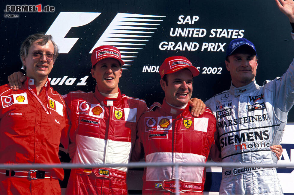 Foto zur News: Es dauert 50 Jahre(!) ehe Ferrari das Künsstück von fünf Doppelsiegen in Folge wiederholen kann. Weltmeister Michael Schumacher und Ruben Barrichello siegen 2002 nacheinander in Budapest, Spa, Monza, Indianapolis und beim Saisonfinale Suzuka. Dann ist die Saison vorbei - und damit auch die Serie.