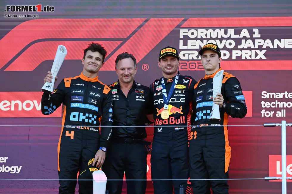 Foto zur News: #4: Japan 2023: Max Verstappen, Lando Norris, Oscar Piastri (Durchschnittsalter: 24 Jahre, 1 Monat, 7 Tage)
