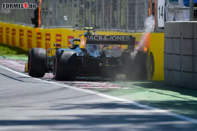 Foto zur News: Das geht nicht gut: Kevin Magnussen rutscht in Richtung der berüchtigten "Wall of Champions" in der letzten Kurve des Circuit Gilles Villeneuve.