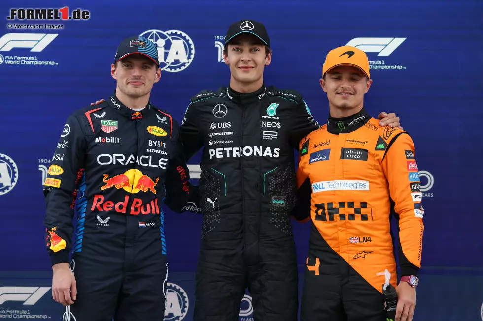 1. Kanada 2024, George Russell vor Max Verstappen - 0,000 Sekunden: Enger geht es nicht! Russell und Verstappen fahren im Qualifying in Montreal 2024 exakt die gleiche Zeit. Weil der Mercedes-Pilot diese allerdings zuerst setzt, steht er auf Pole. Auch Lando Norris als Dritter landet übrigens nur 0,021 Sekunden hinter dem Duo. Foto zur News: 1. Kanada 2024, George Russell vor Max Verstappen - 0,000 Sekunden: Enger geht es nicht! Russell und Verstappen fahren im Qualifying in Montreal 2024 exakt die gleiche Zeit. Weil der Mercedes-Pilot diese allerdings zuerst setzt, steht er auf Pole. Auch Lando Norris als Dritter landet übrigens nur 0,021 Sekunden hinter dem Duo.