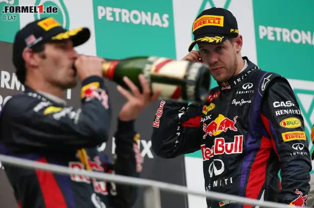 "Multi 21" - Beim Großen Preis von Malaysia 2013 führt Red-Bull-Pilot Mark Webber vor Teamkollege Sebastian Vettel. Die beiden bekommen die Anweisung, die Positionen zu halten. Vettel hat allerdings andere Pläne, überholt und gewinnt das Rennen schließlich. Die Stimmung auf dem Podium: frostig. Foto zur News: "Multi 21" - Beim Großen Preis von Malaysia 2013 führt Red-Bull-Pilot Mark Webber vor Teamkollege Sebastian Vettel. Die beiden bekommen die Anweisung, die Positionen zu halten. Vettel hat allerdings andere Pläne, überholt und gewinnt das Rennen schließlich. Die Stimmung auf dem Podium: frostig.