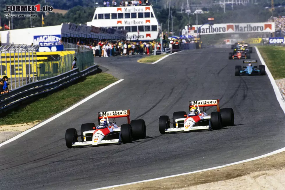 In Estoril ist McLaren wieder voll da, aber die Fahrer kommen sich auf der Strecke zu nahe: Prost setzt sich gegen den rustikal verteidigenden Senna durch und gewinnt. Eine fehlerhafte Benzinanzeige zwingt Senna anschließend zum Verlangsamen und er holt keine Punkte. Foto zur News: In Estoril ist McLaren wieder voll da, aber die Fahrer kommen sich auf der Strecke zu nahe: Prost setzt sich gegen den rustikal verteidigenden Senna durch und gewinnt. Eine fehlerhafte Benzinanzeige zwingt Senna anschließend zum Verlangsamen und er holt keine Punkte.