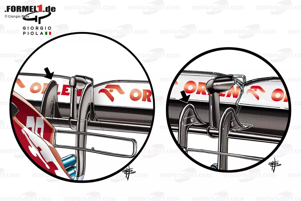 Auch Alfa Romeo hat sich beim C39-Fahrzeug mit den Haltestreben beschäftigt und seine sogenannte Schwanenhals-Halterung besonders hoch ausgeführt, um den aerodynamischen Effekt davon noch zu steigern. Auch hier gab es zwei Varianten, unser Bild zeigt den Direktvergleich. Foto zur News: Auch Alfa Romeo hat sich beim C39-Fahrzeug mit den Haltestreben beschäftigt und seine sogenannte Schwanenhals-Halterung besonders hoch ausgeführt, um den aerodynamischen Effekt davon noch zu steigern. Auch hier gab es zwei Varianten, unser Bild zeigt den Direktvergleich.