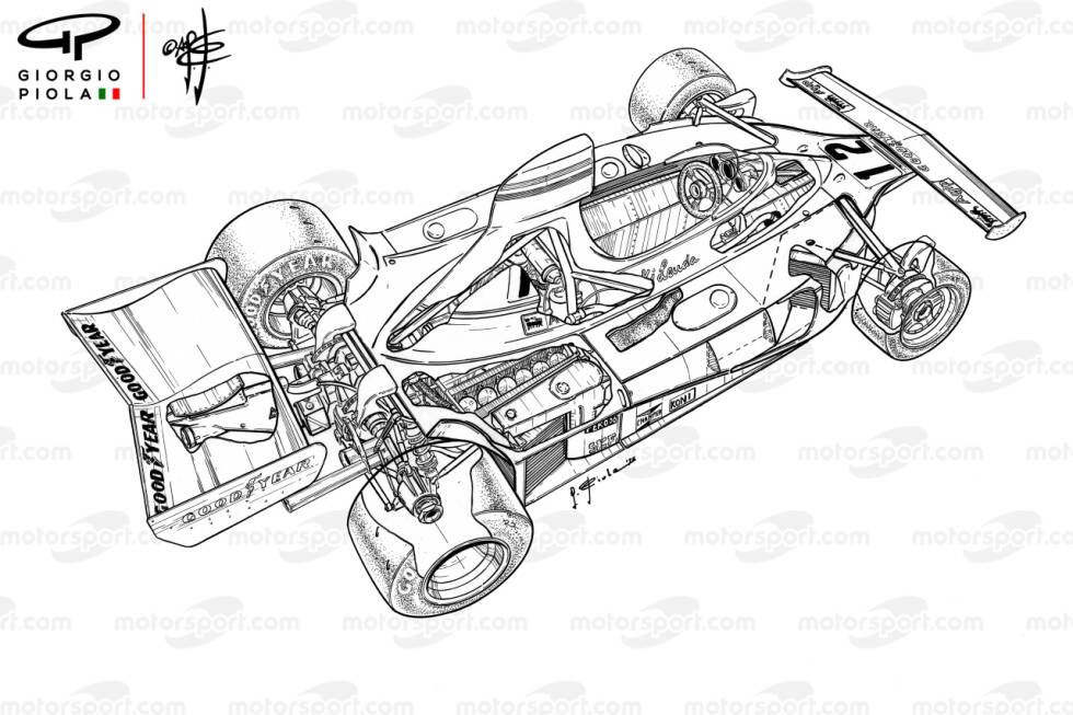Foto zur News: Der Ferrari 312T als Zeichnung im Zustand von vor dem Spanien-Grand-Prix.