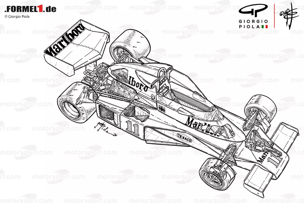 Die Detailzeichnung des McLaren M23B zeigt die diversen Kühlöffnungen am Fahrzeug. Foto zur News: Die Detailzeichnung des McLaren M23B zeigt die diversen Kühlöffnungen am Fahrzeug.