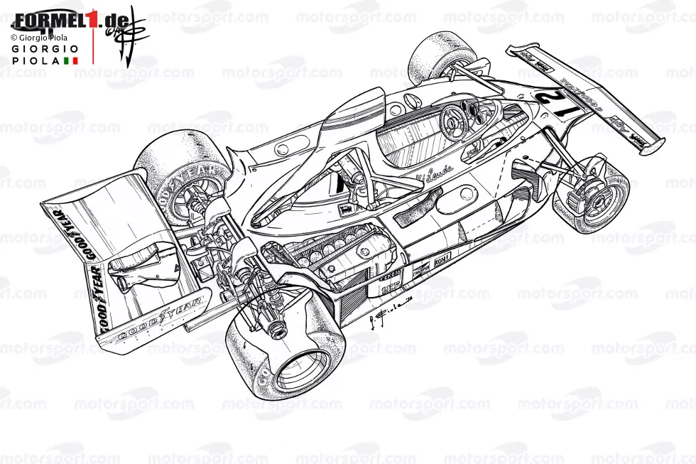 Der Ferrari 312T als Zeichnung im Zustand von vor dem Spanien-Grand-Prix. Foto zur News: Der Ferrari 312T als Zeichnung im Zustand von vor dem Spanien-Grand-Prix.