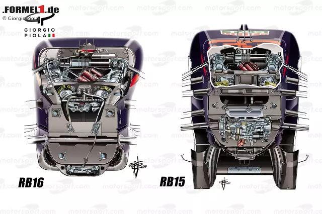 Foto zur News: Die Aufhängung des RB16 hat sich enorm verändert: Die Lenkstangen sind deutlich weiter im Bulkhead verschwunden. Das sollte das Verhalten beim Lenken verbessern, doch das Auto ist eher bockiger geworden - vor allem bei weniger Benzin.