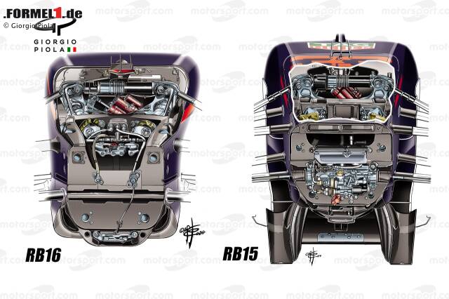 Die Aufhängung des RB16 hat sich enorm verändert: Die Lenkstangen sind deutlich weiter im Bulkhead verschwunden. Das sollte das Verhalten beim Lenken verbessern, doch das Auto ist eher bockiger geworden - vor allem bei weniger Benzin.