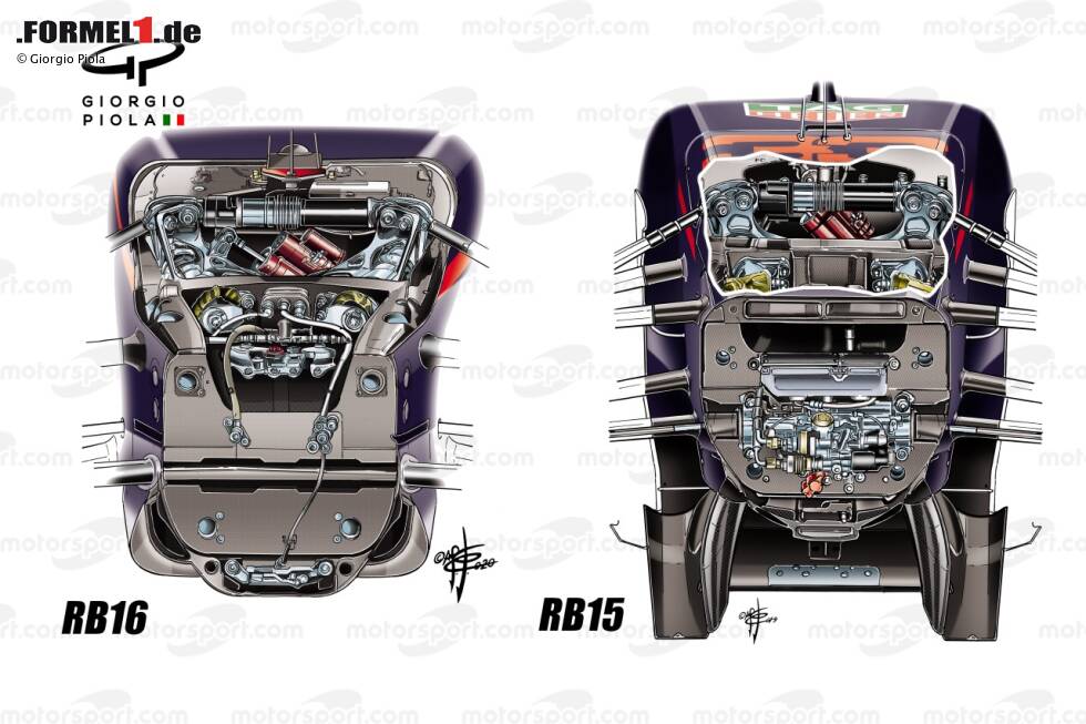 Die Aufhängung des RB16 hat sich enorm verändert: Die Lenkstangen sind deutlich weiter im Bulkhead verschwunden. Das sollte das Verhalten beim Lenken verbessern, doch das Auto ist eher bockiger geworden - vor allem bei weniger Benzin. Die Aufhängung des RB16 hat sich enorm verändert: Die Lenkstangen sind deutlich weiter im Bulkhead verschwunden. Das sollte das Verhalten beim Lenken verbessern, doch das Auto ist eher bockiger geworden - vor allem bei weniger Benzin.