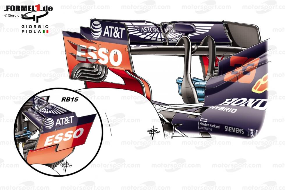 Foto zur News: Den neuen Unterboden bekam Verstappen im zweiten Spielberg-Rennen, doch beide Fahrer durften einen neuen Heckflügel nutzen, der viele andere Konzepte zusammenbringt. Zahlreiche Schlitze, Gitter und ausgelassene Ecken schmücken die Endplatte, zudem ist die Vorderkante aufgeteilt - ähnlich wie Toro Rosso 2019.