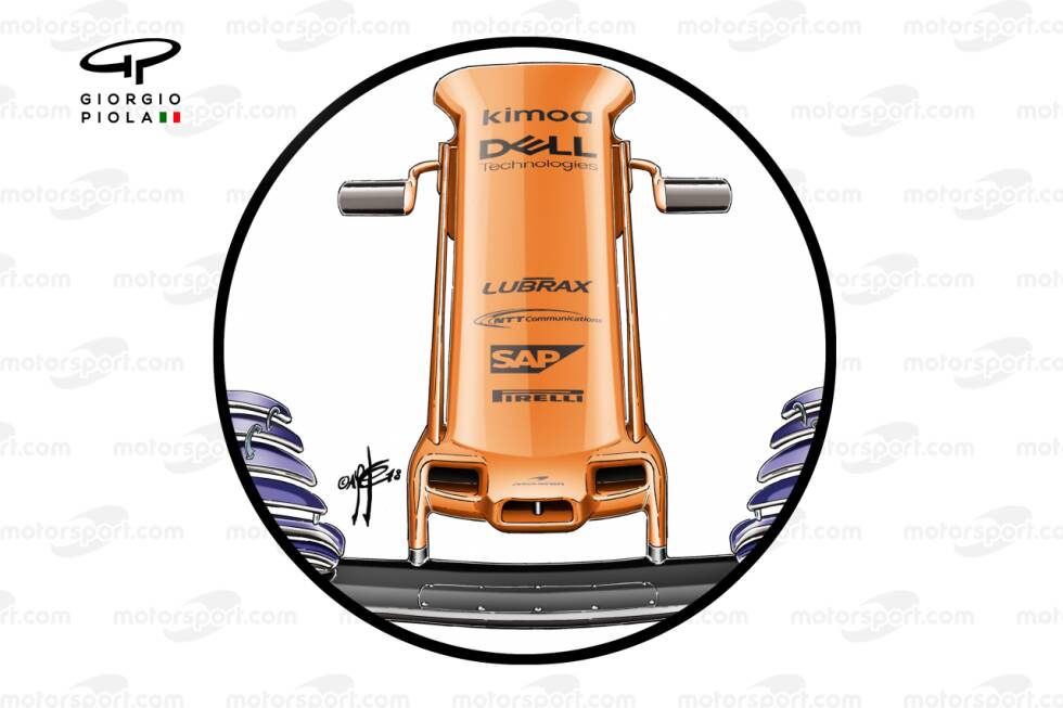 Foto zur News: Die Nase stellt eine Simplifizierung der recht komplexen Struktur dar, die McLaren bereits 2018 eingeführt hat (hier im Bild). Nach wie vor bildet die ziemlich dünne Hauptstruktur das Kernelement; gleiches gilt für die seitliche Verhüllung der Unterstruktur, das sogenannte Cape.