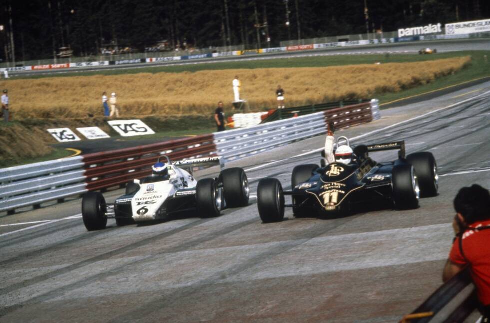 Foto zur News: Die Strecke ist immer für Überraschungen gut, auch 1982. Zeltweg erlebt einen neuen Spitzenwert: 244,2 km/h Schnitt gefahren von Nelson Piquet im Training. Im Rennen führt Alain Prost bis vier Runden vor Schluss mit 30 Sekunden Vorsprung. Das Zielfinish entscheidet Premierensieger Elio de Angelis um 0,125 Sekunden gegen Keke Rosberg!