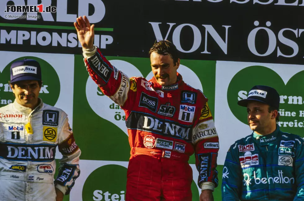 Am Ende gewinnt dann ausgerechnet Mansell vor Erzfeind Piquet und Benetton-Fahrer Teo Fabi. Zur Sicherheit dreht der Brite noch eine 52. Runde, da er die Zielflagge nicht sieht. Auf dem Weg zur Siegerehrung dann der Schock: Mansell stoßt sich an einer Eisentraverse den Kopf und wird kurz bewusstlos, Fabi weckt ihn mit Mineralwasser. Foto zur News: Am Ende gewinnt dann ausgerechnet Mansell vor Erzfeind Piquet und Benetton-Fahrer Teo Fabi. Zur Sicherheit dreht der Brite noch eine 52. Runde, da er die Zielflagge nicht sieht. Auf dem Weg zur Siegerehrung dann der Schock: Mansell stoßt sich an einer Eisentraverse den Kopf und wird kurz bewusstlos, Fabi weckt ihn mit Mineralwasser.