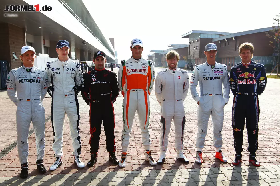 Foto zur News: #1 Sieben Deutsche gleichzeitig am Start: Das waren noch Zeiten! 2010 fuhren zeitweise sieben deutsche Piloten gleichzeitig in der Formel 1: Nico Rosberg (Mercedes), Nico Hülkenberg (Williams), Timo Glock (Virgin), Adrian Sutil (Force India), Nick Heidfeld (Sauber), Michael Schumacher (Mercedes) und Sebastian Vettel (Red Bull).