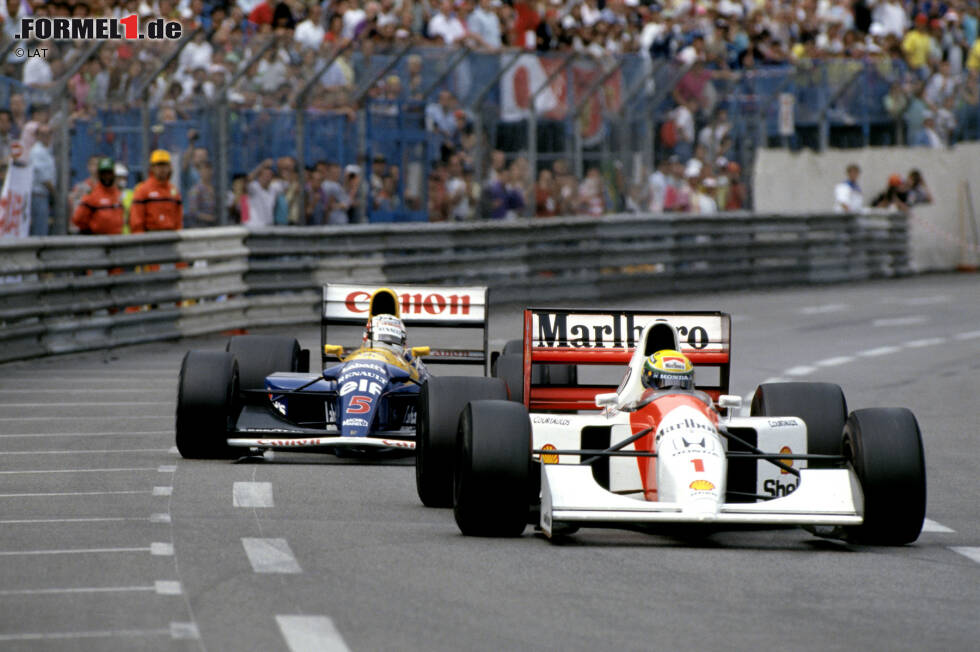 Foto zur News: Nachdem der Brite die ersten fünf Saisonrennen in Folge gewinnen konnte - damals Rekord! - stoppte ihn erst Ayrton Senna beim sechsten Grand Prix in Monaco in einem packenden Duell.